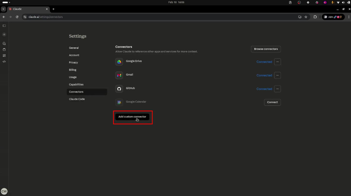 Boton Add custom connector en la pagina de Connectors