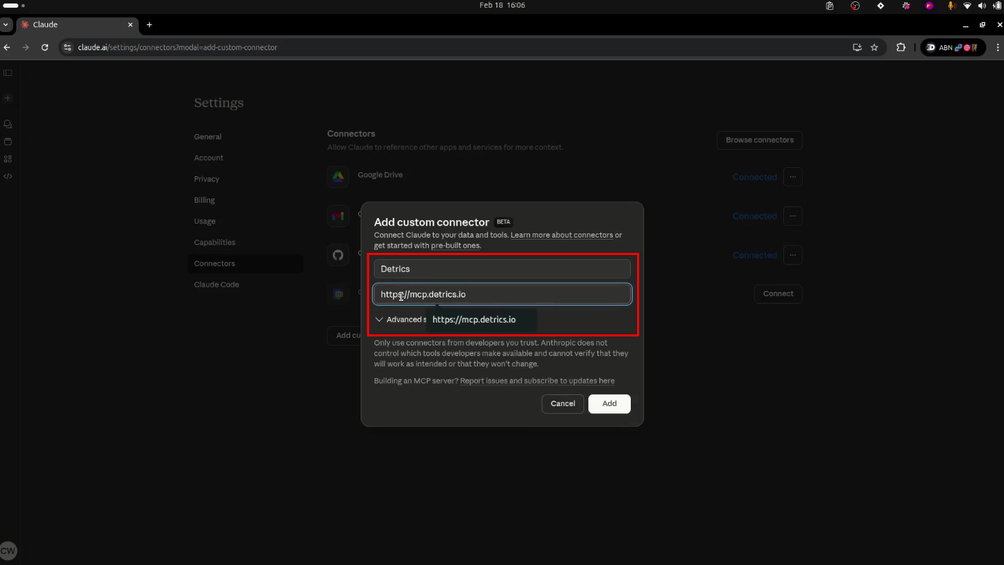 Dialogo Add custom connector en Claude con Name: Detrics y URL: https://mcp.detrics.io