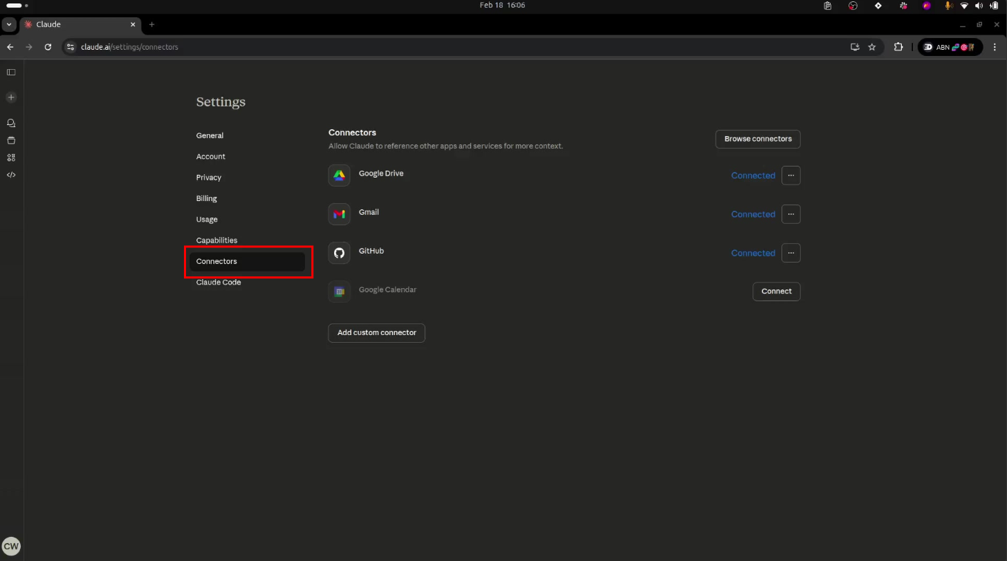Pagina de Connectors en Claude Settings