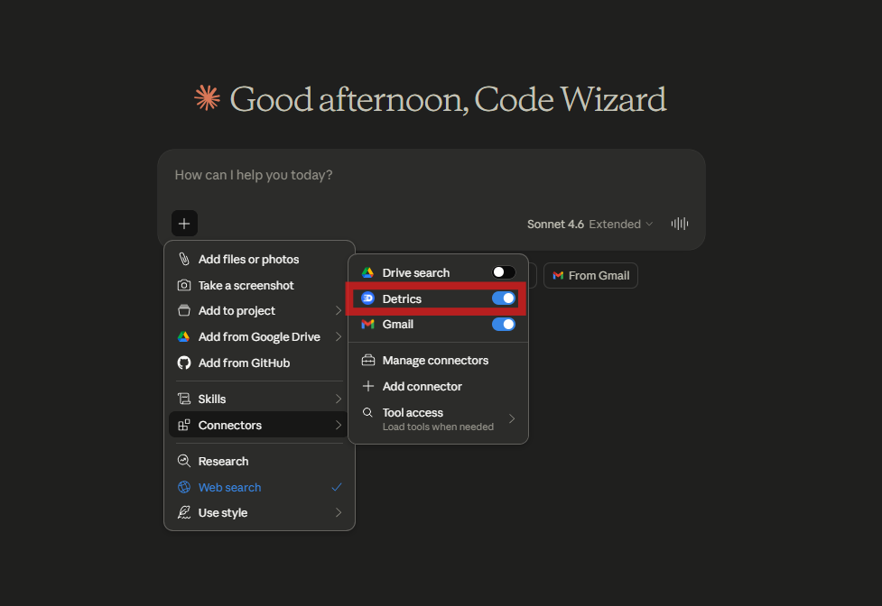 Connectors en Claude con Detrics activado