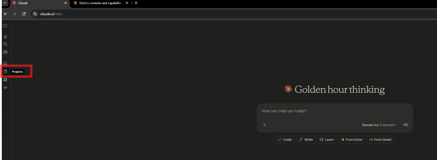 Sidebar de Claude mostrando la opcion Projects