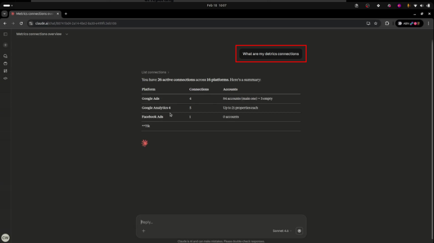 Claude lista las plataformas conectadas en Detrics