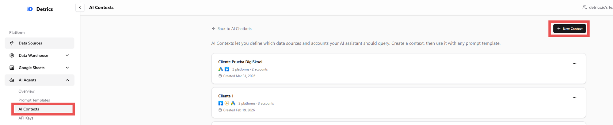 Vista de AI Contexts en Detrics con sidebar y boton New Context