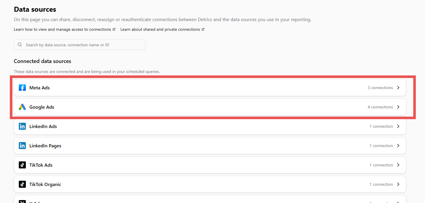 Data Sources en Detrics mostrando Meta Ads y Google Ads conectados
