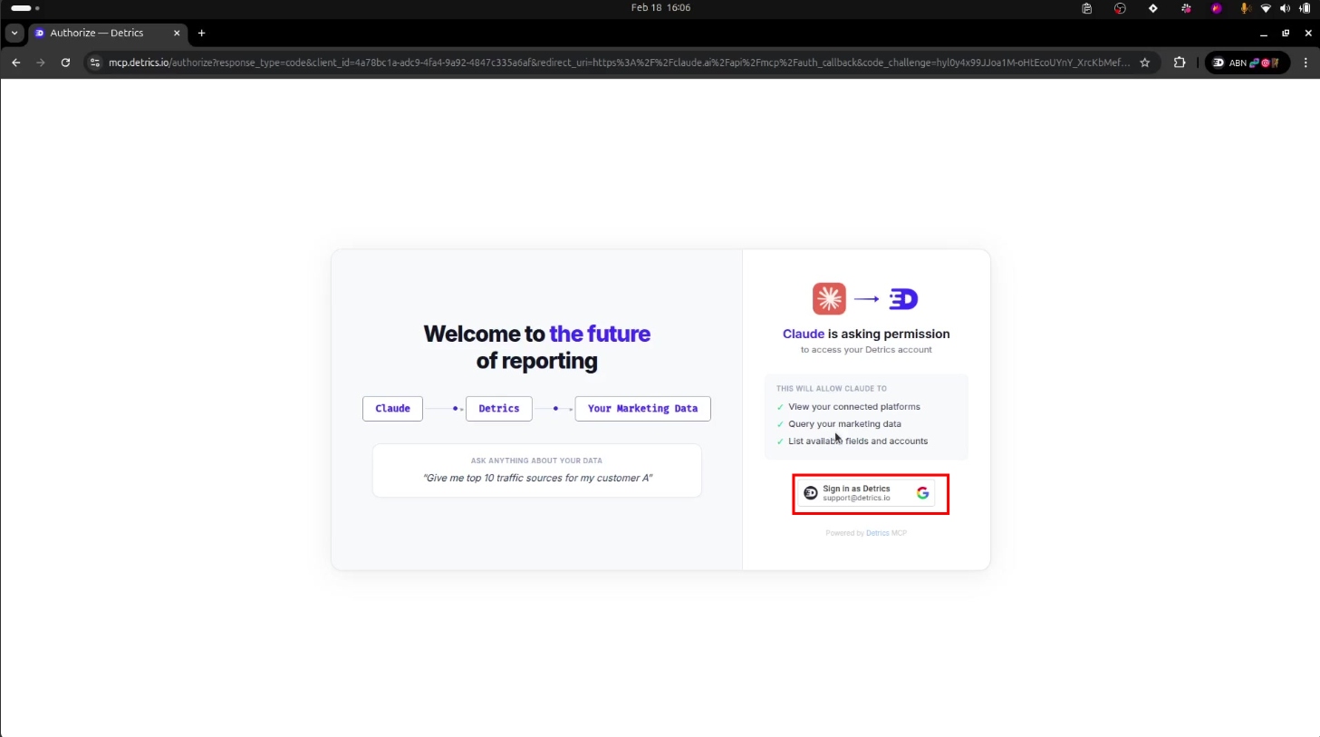 Pantalla de autorizacion de Detrics MCP