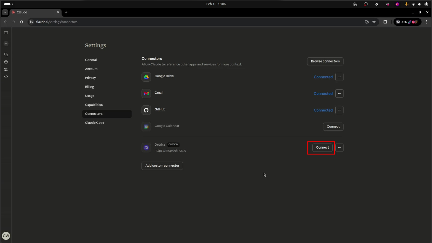Detrics aparece como custom connector - click en Connect