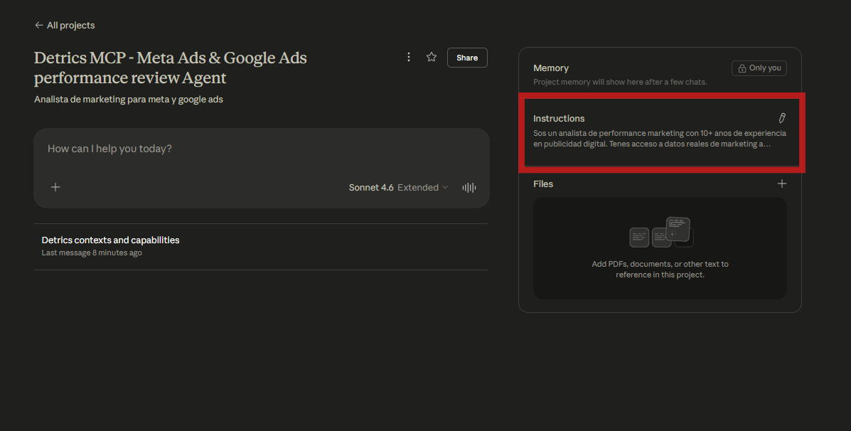 Seccion de Instructions del proyecto en Claude